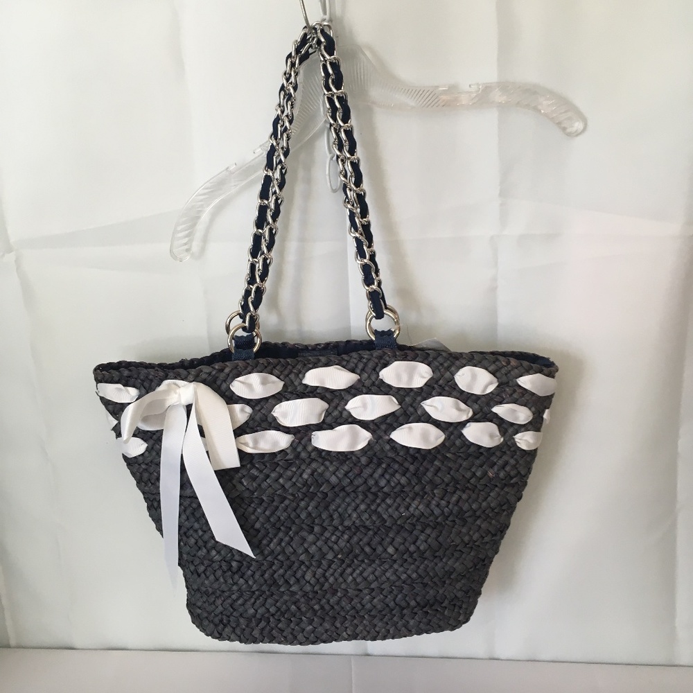 Navy Blue Straw Bucket Bag Woven White Ribbon Drop Silver Tone Handles Vegan NWT